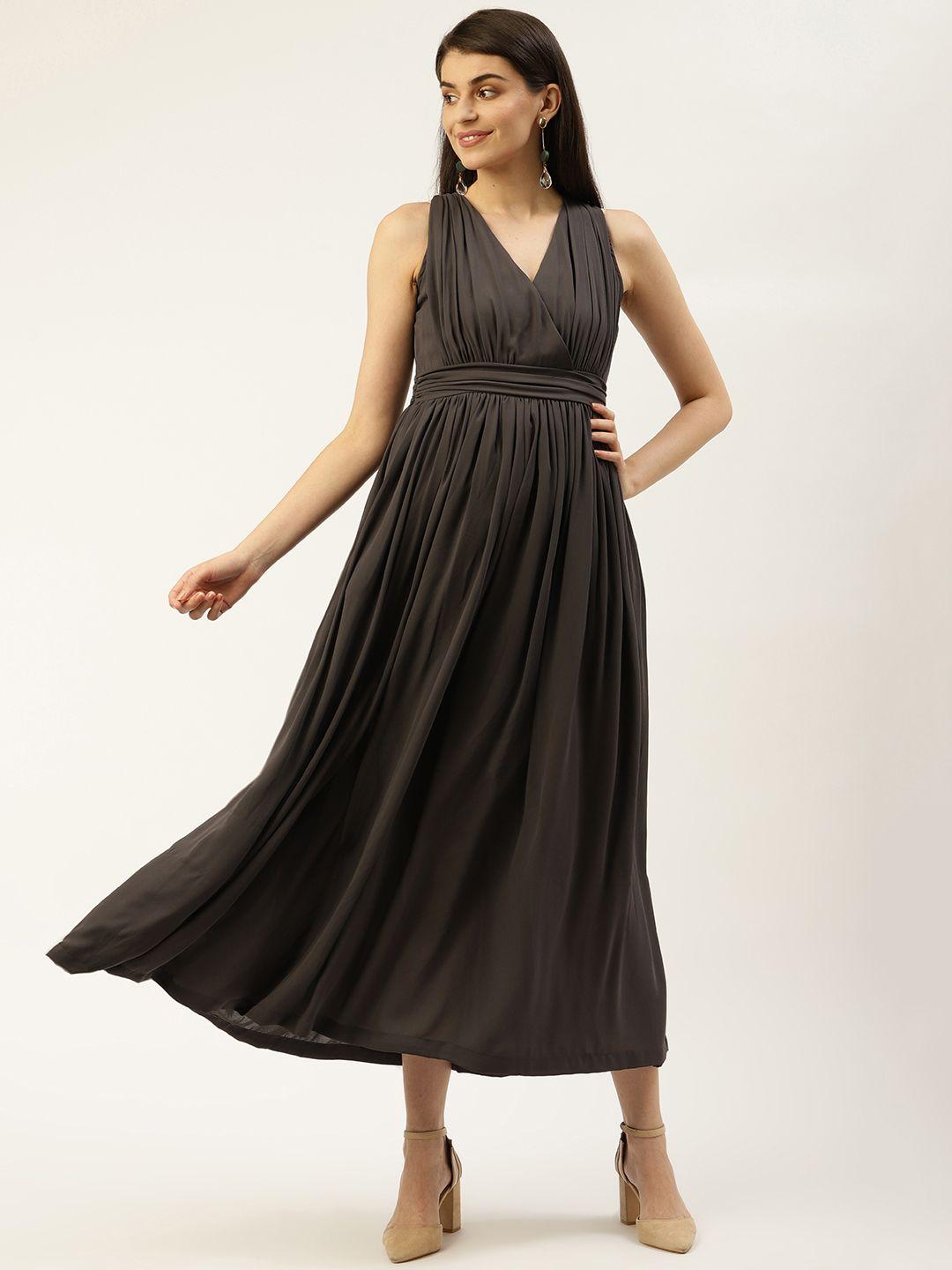 trend arrest women charcoal grey pleated solid wrap maxi dress