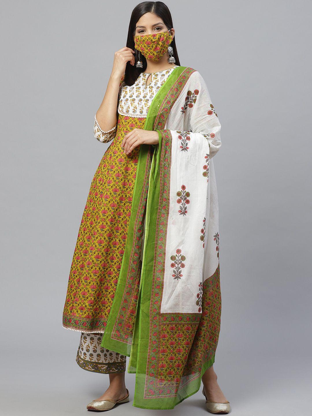 libas women mustard yellow  white printed kurta set with dupatta