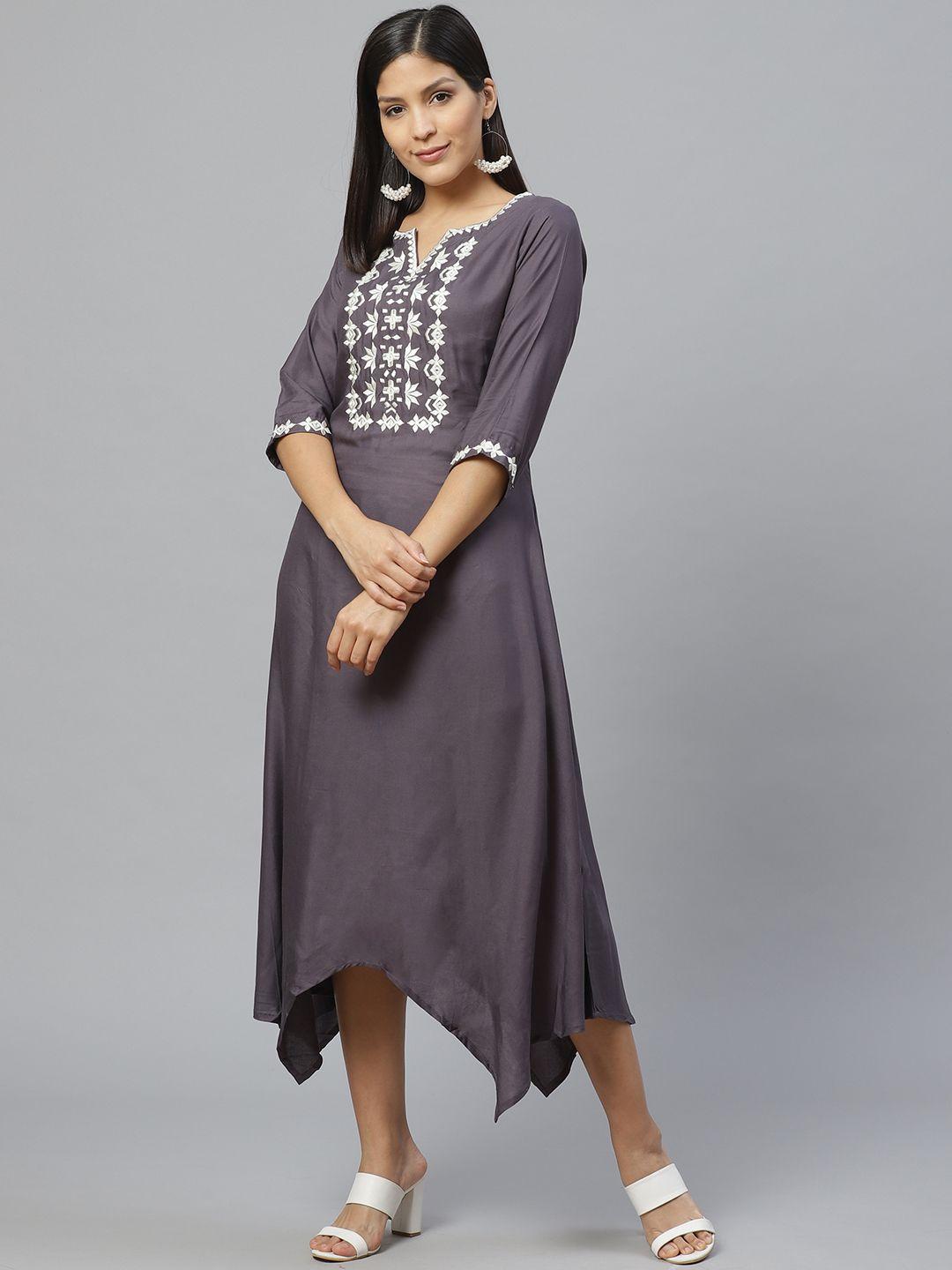 libas charcoal grey & white ethnic motifs embroidered a-line midi dress