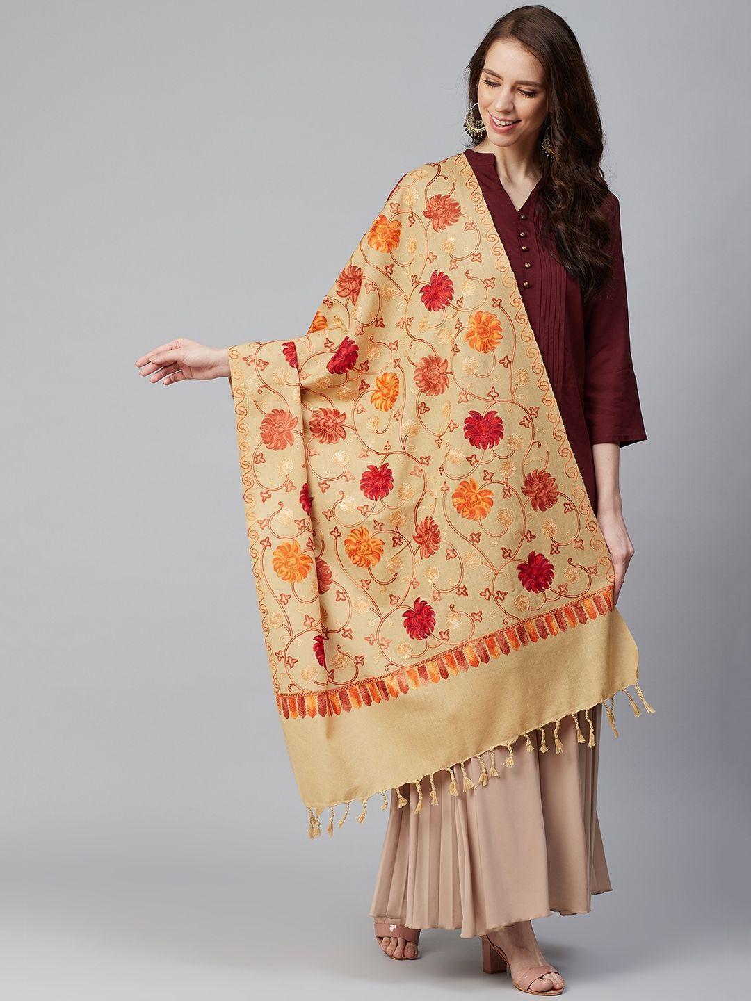 weavers villa women beige & red aari wrok embroidered shawl