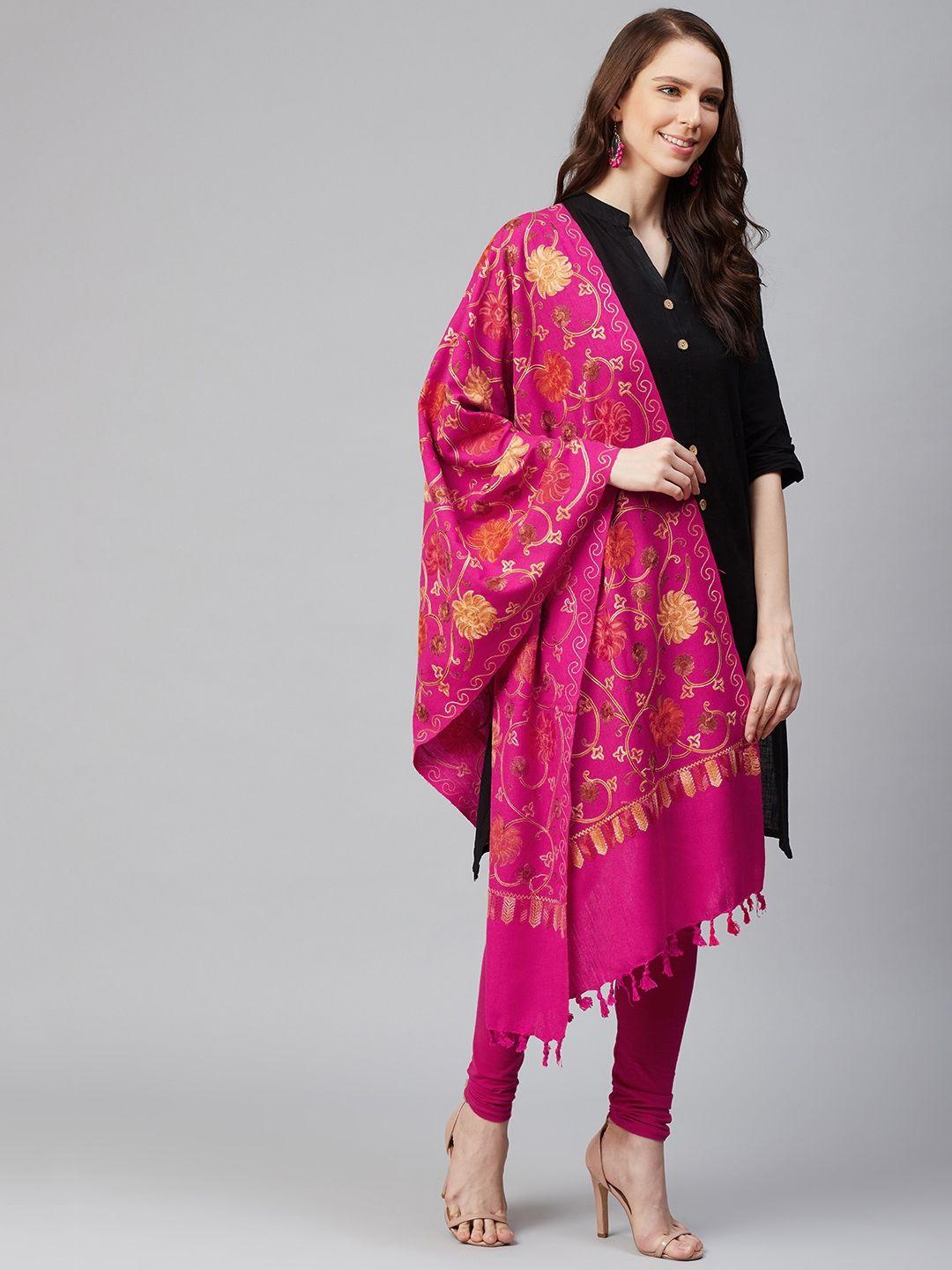 weavers villa women pink & mustard yellow floral embroidered shawl