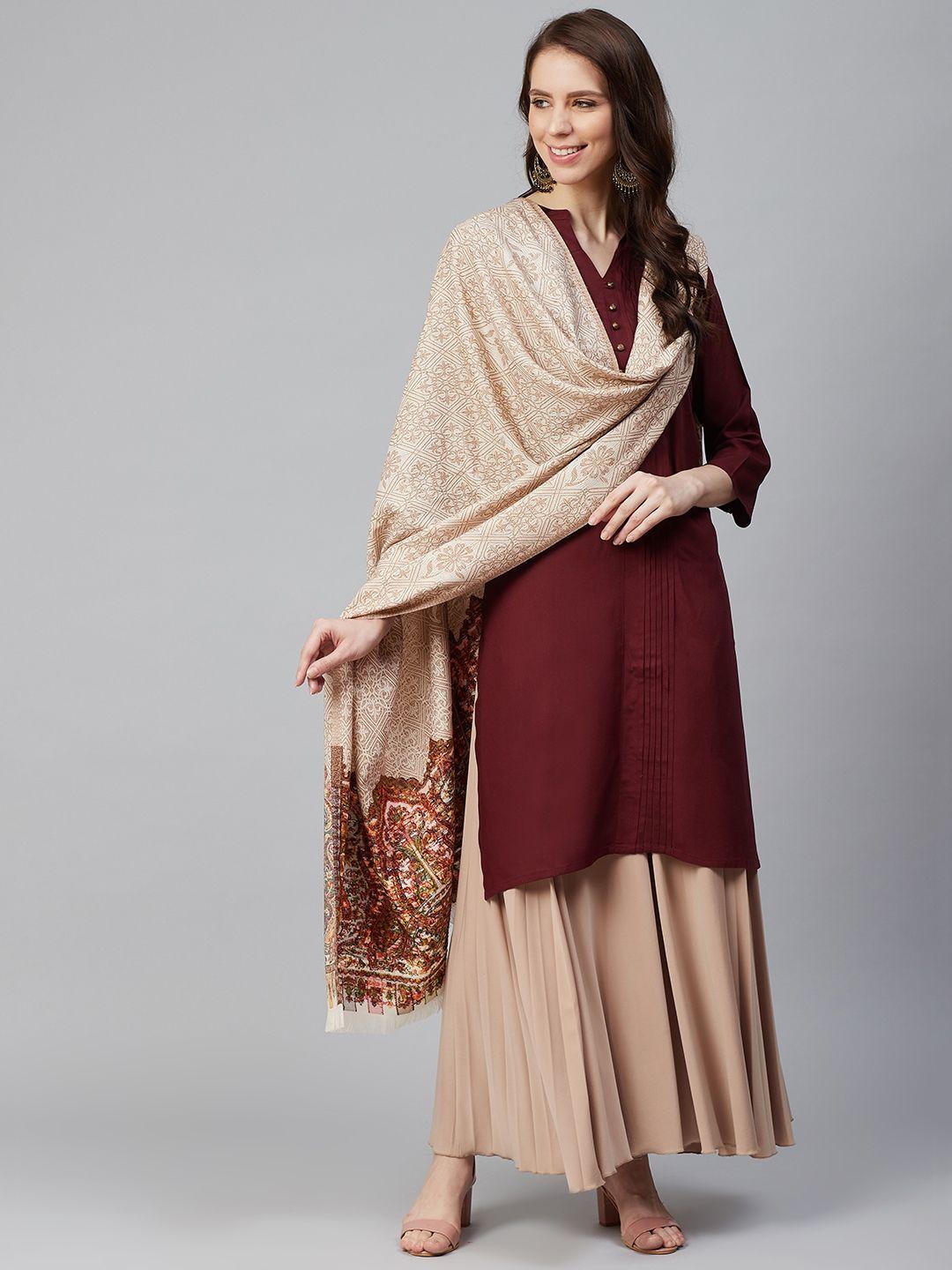 weavers villa women beige & red woven design shawl