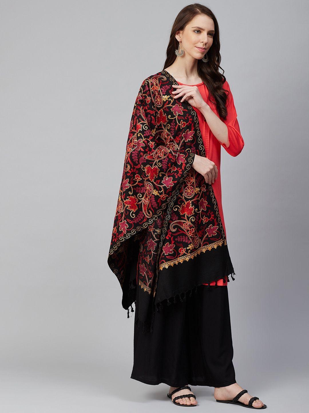 weavers villa women black & red embroidered shawl