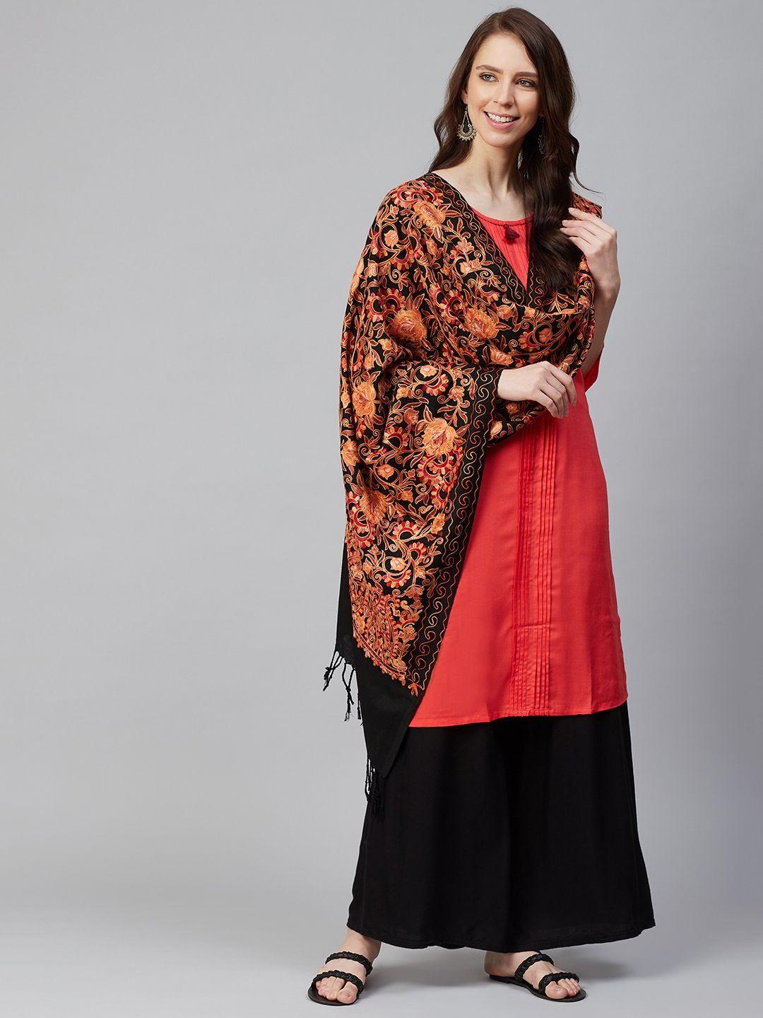 weavers villa women black & orange embroidered shawl