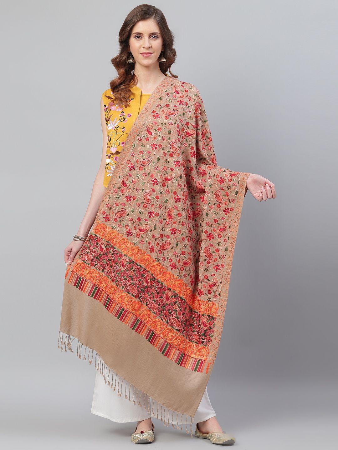 weavers villa women beige & red aari work embroidered shawl