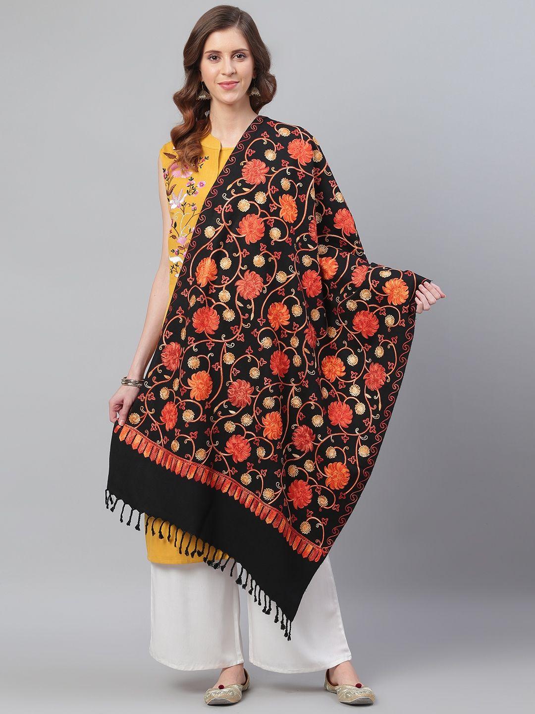 weavers villa women black & orange floral embroidered shawl