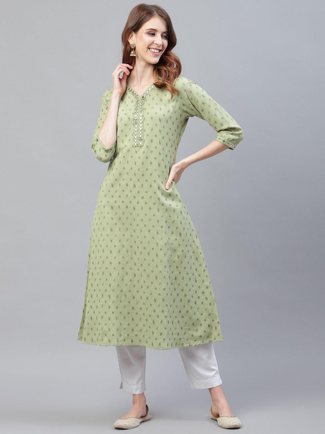 azira women green & grey ikat print a-line kurta