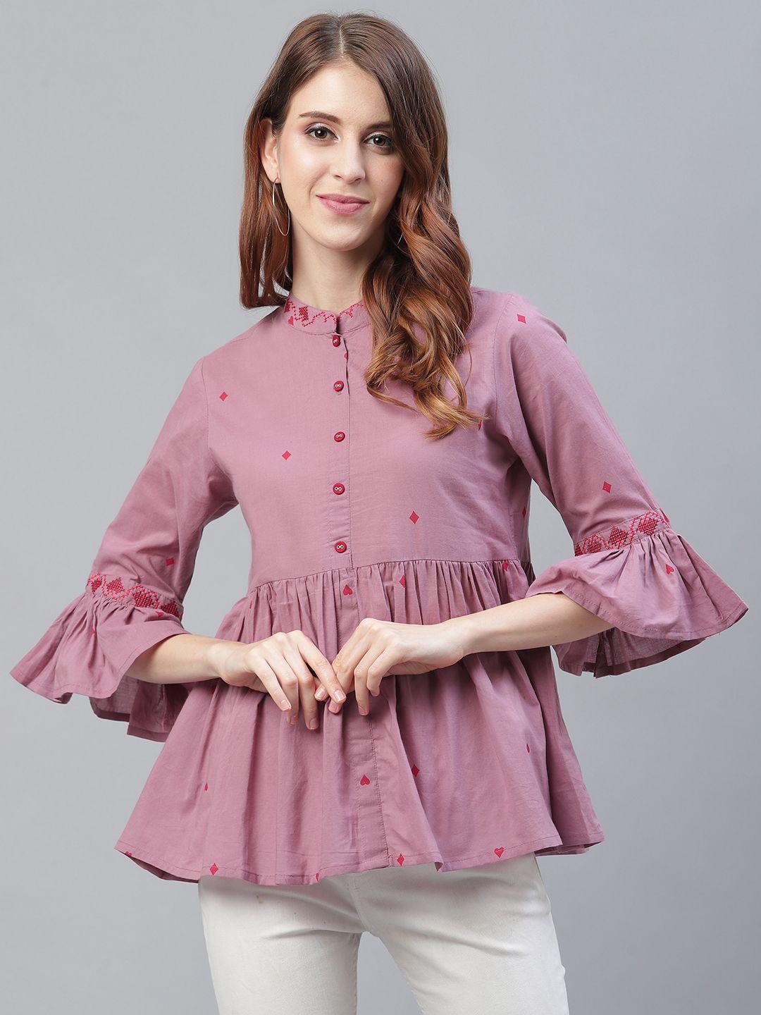 azira women mauve & red printed a-line pure cotton top