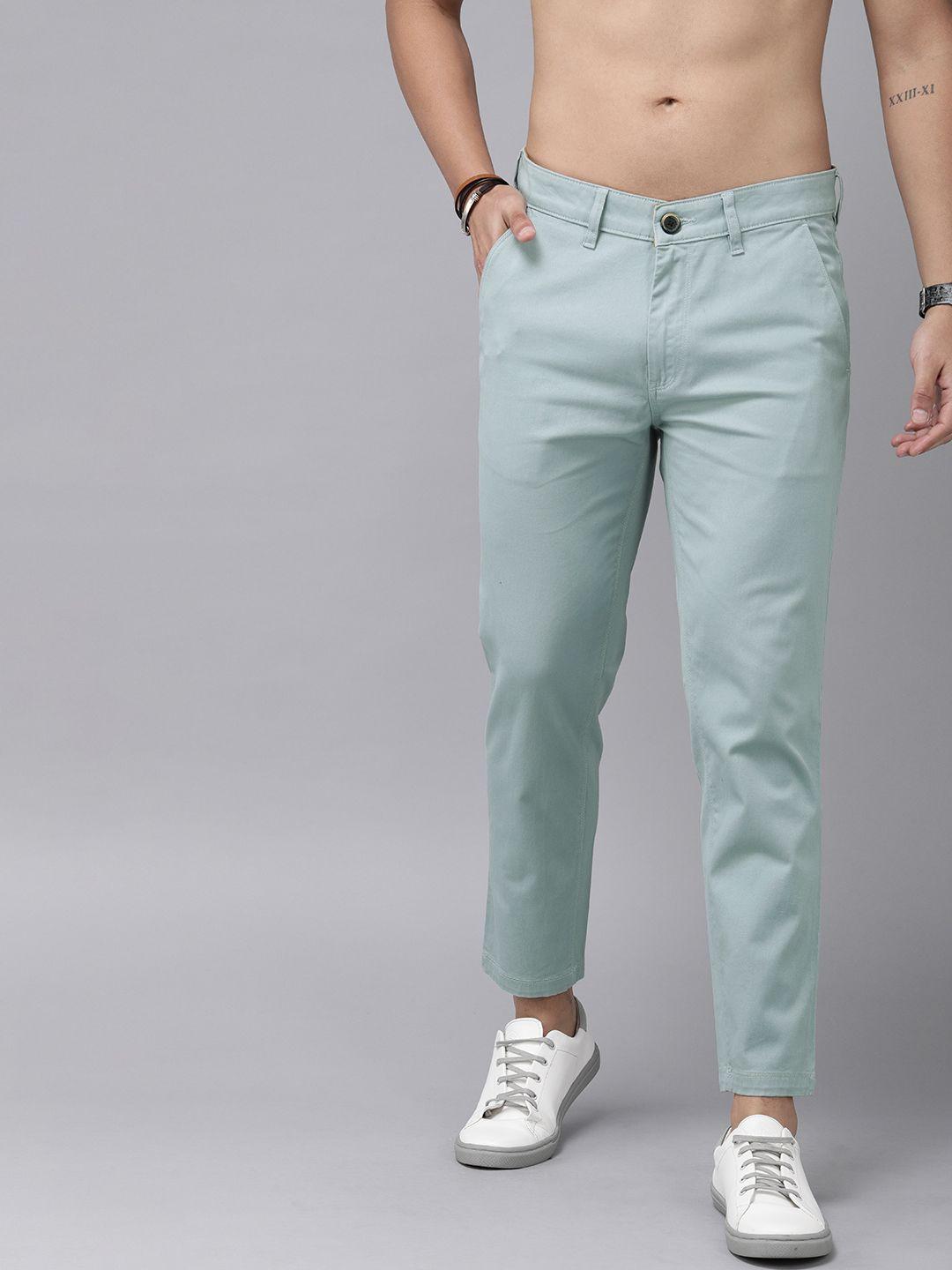 roadster men sea green slim fit solid chinos