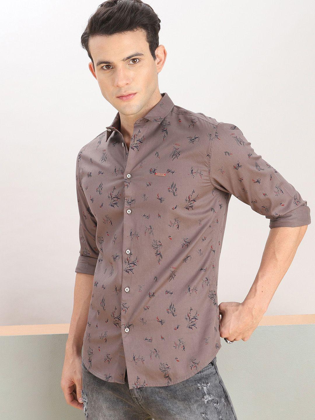 the indian garage co men olive green & black slim fit floral printed casual shirt