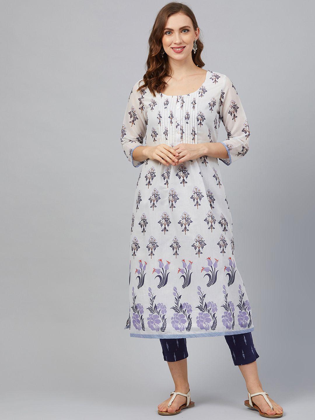 biba women white & navy blue printed kurta with trousers