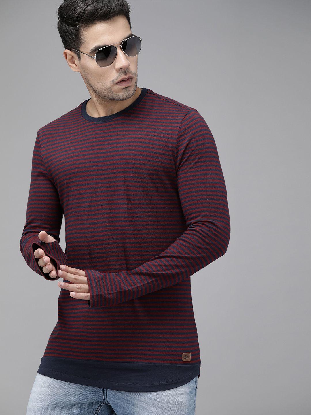 roadster men maroon  navy blue striped round neck pure cotton t-shirt