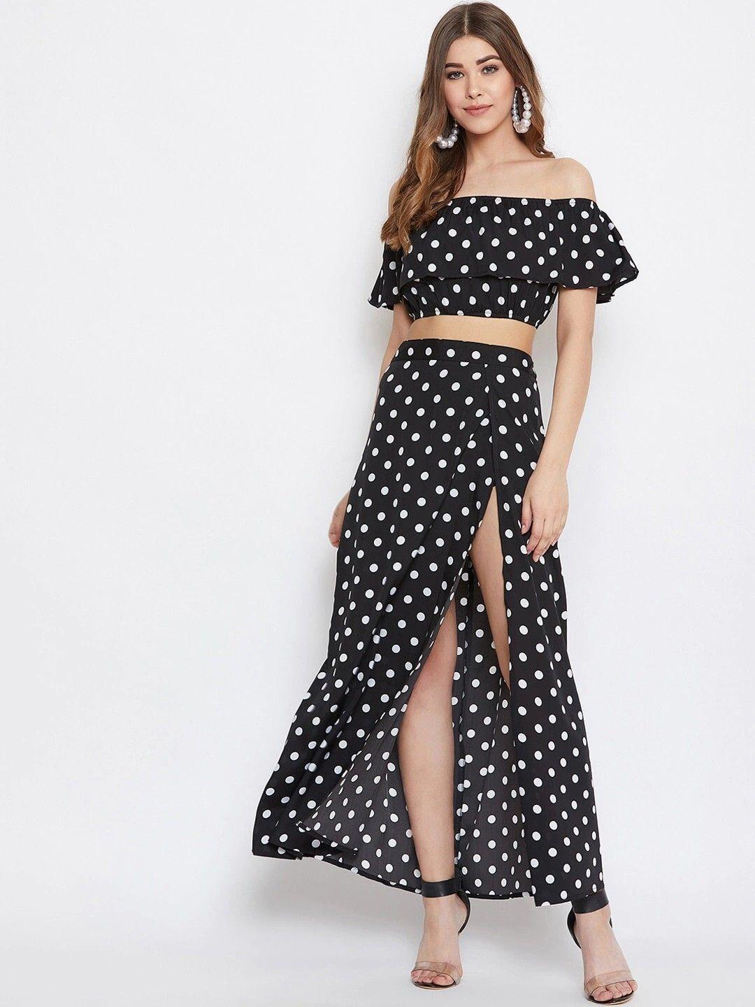 berrylush black & white polka dots printed two-piece dress