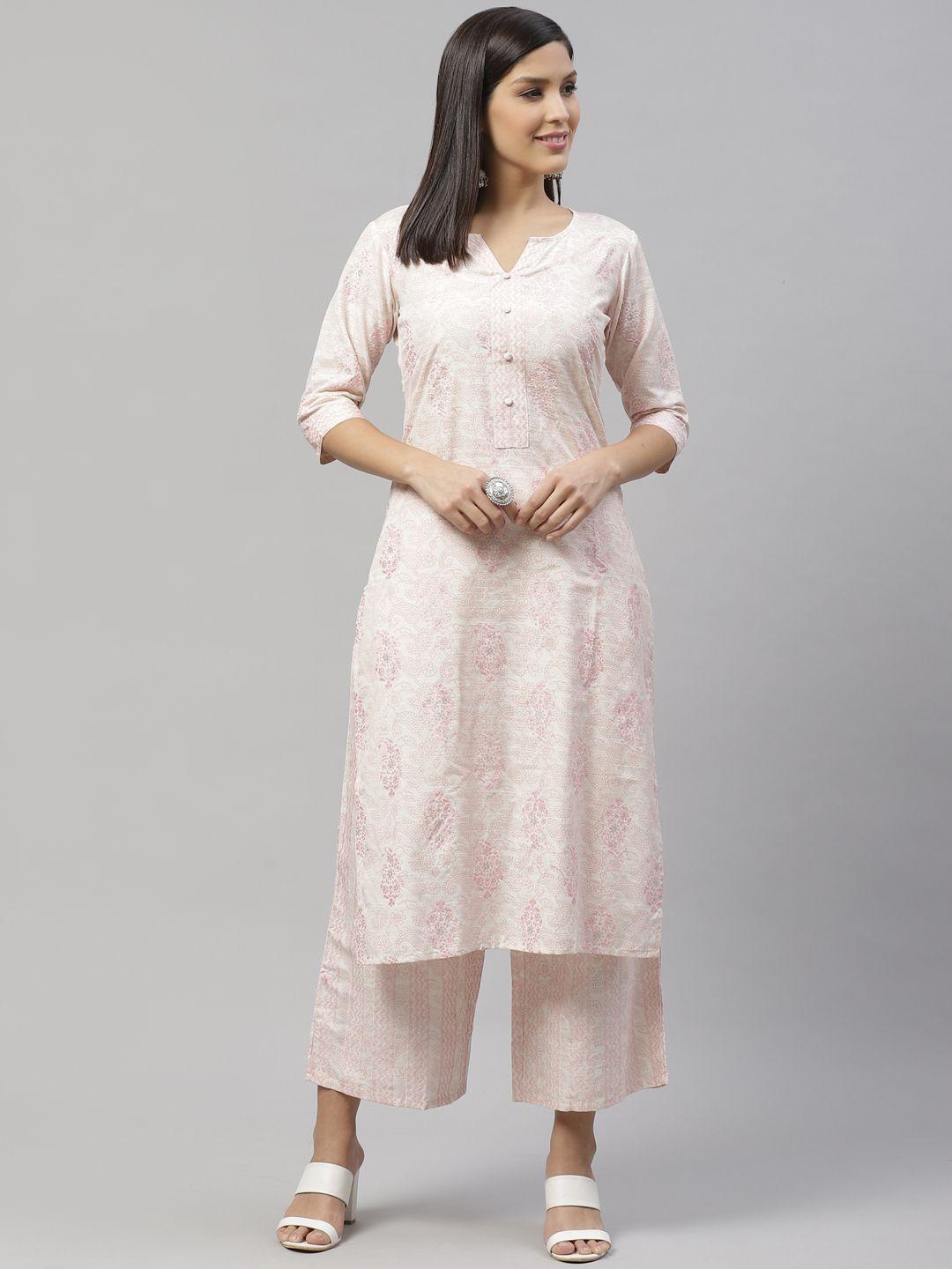 silver stock women white & pink printed kurta with palazzos