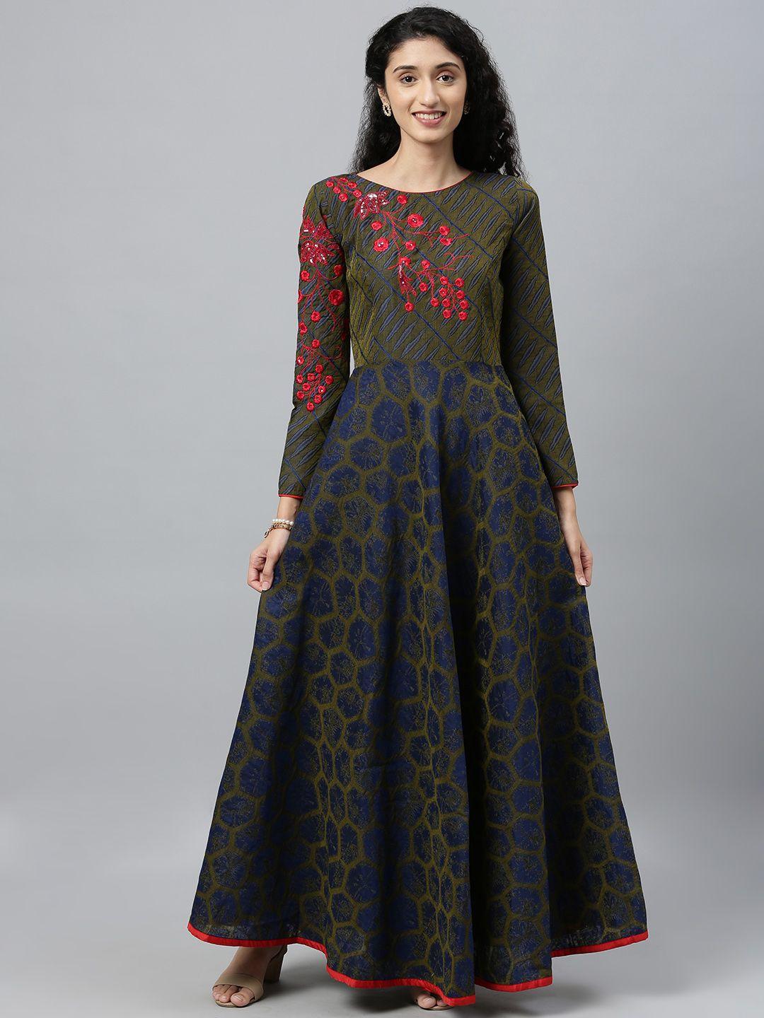 etiquette women green and blue floral printed a-line pleated kurti