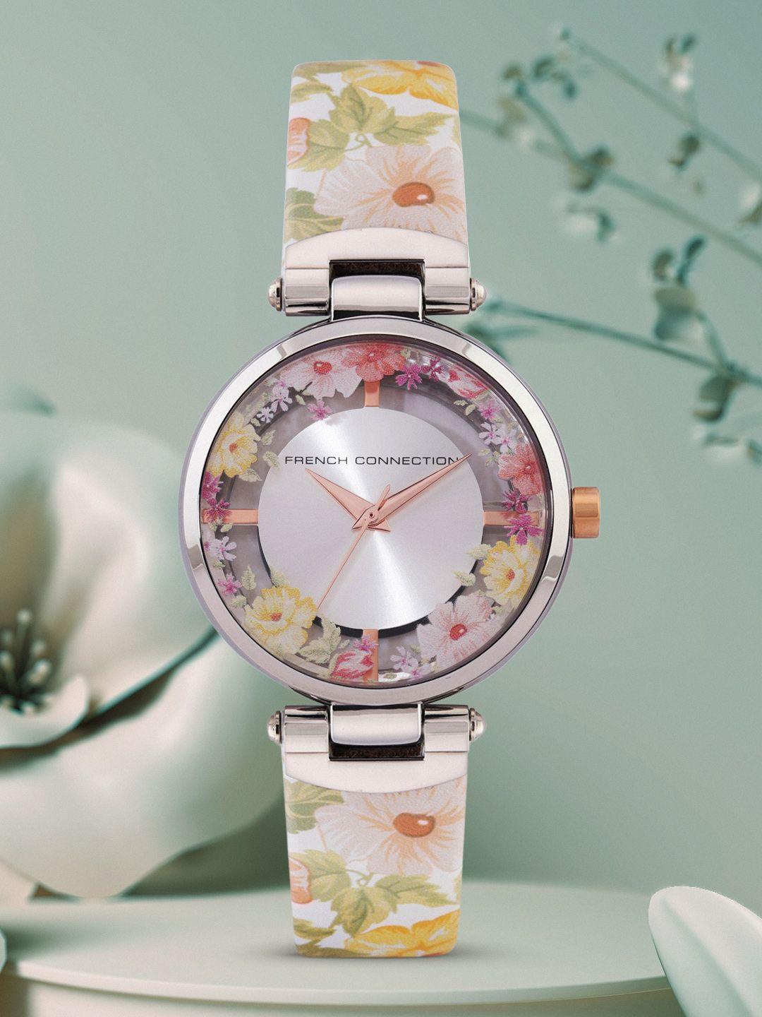 french connection women silver-toned leather analogue watch fcl0003b