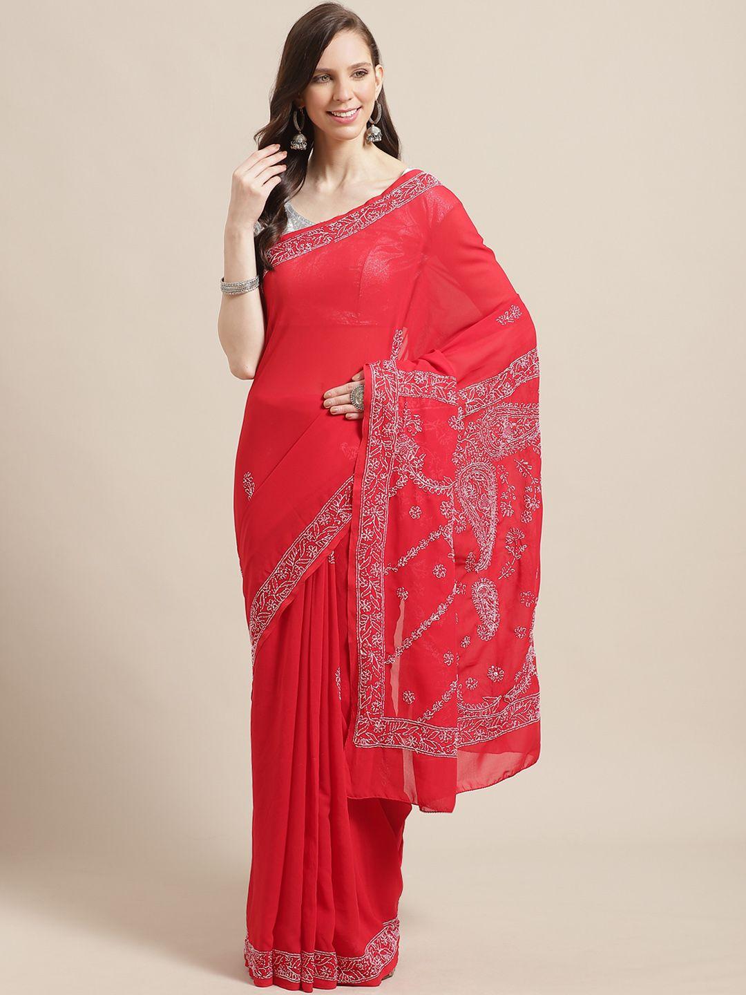 ada red & white chikankari embroidered handloom saree