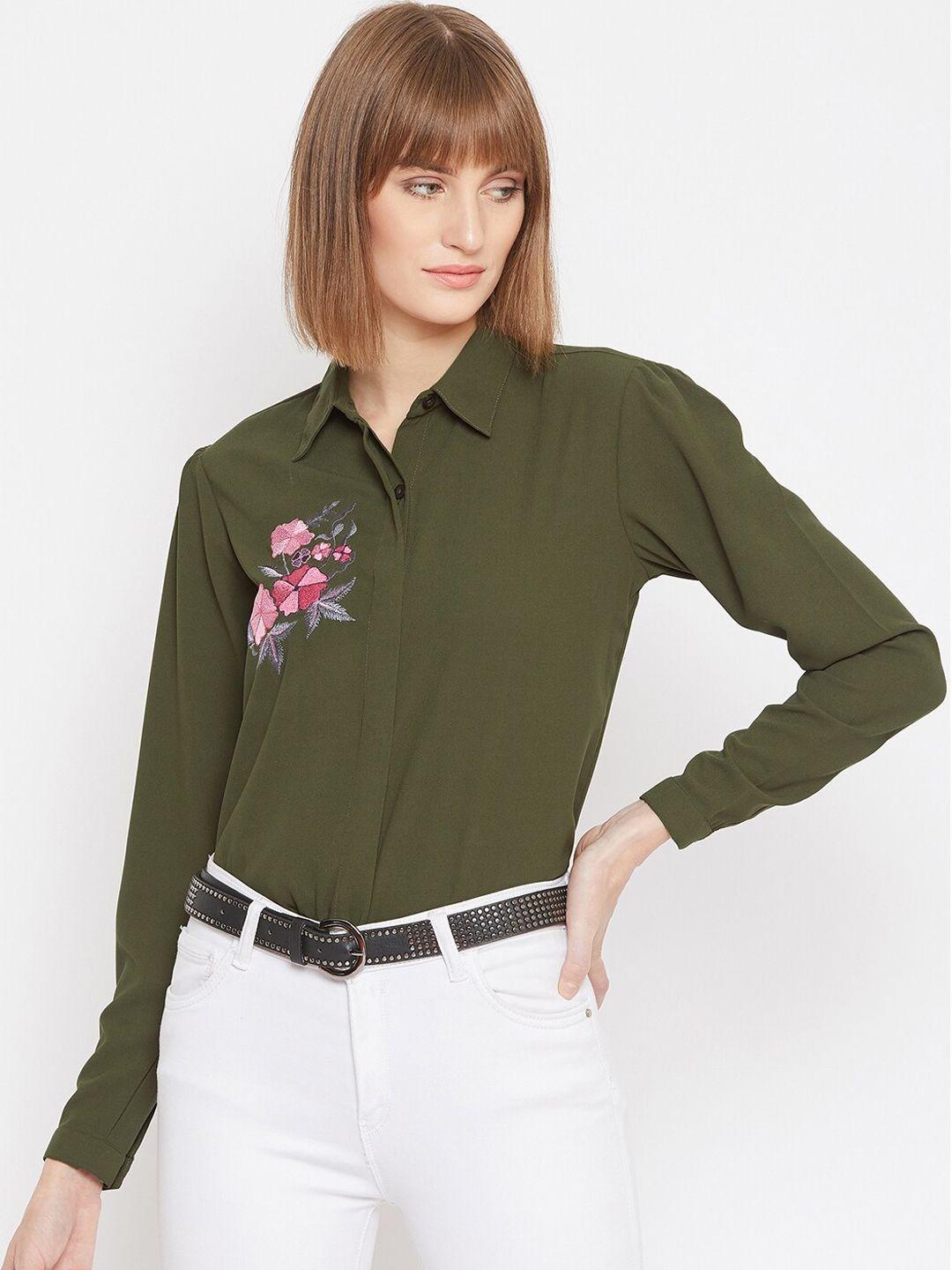 purys women olive green regular fit solid casual shirt