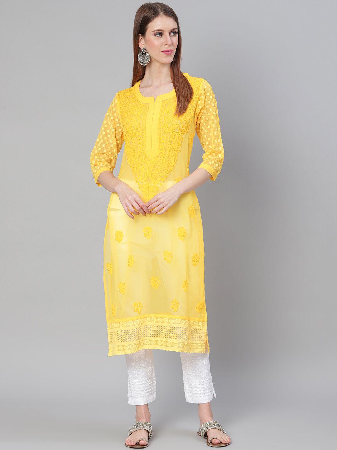 saadgi women yellow & white chikankari embroidered handloom kurta with trousers