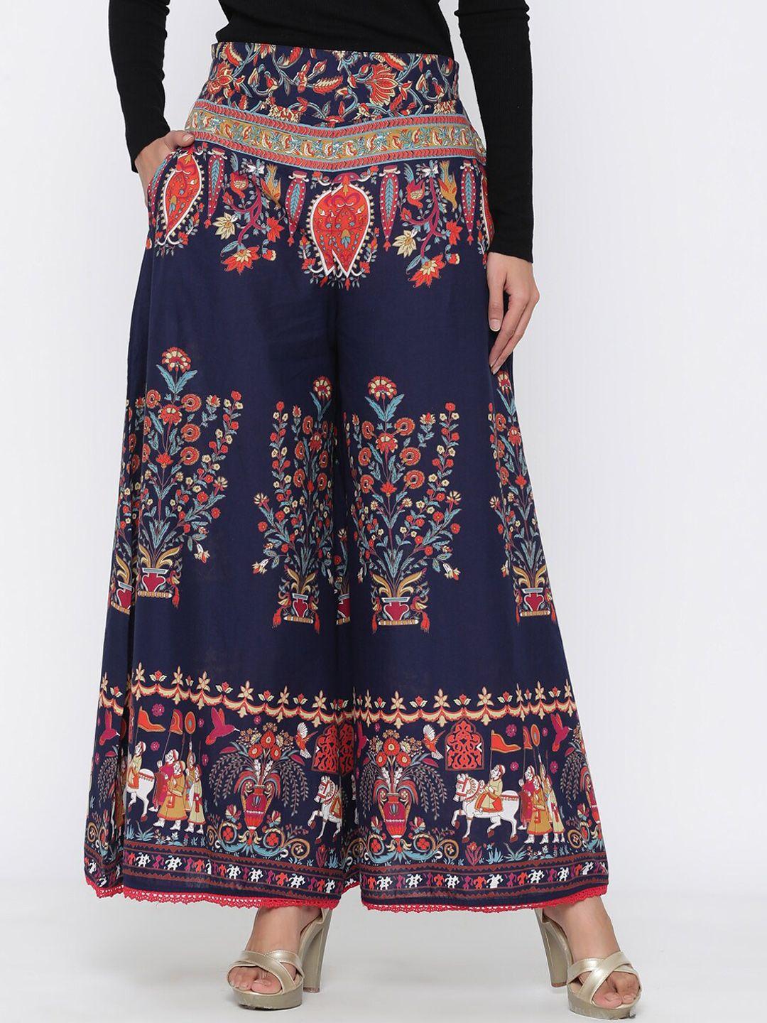 juniper women navy blue printed flared palazzos