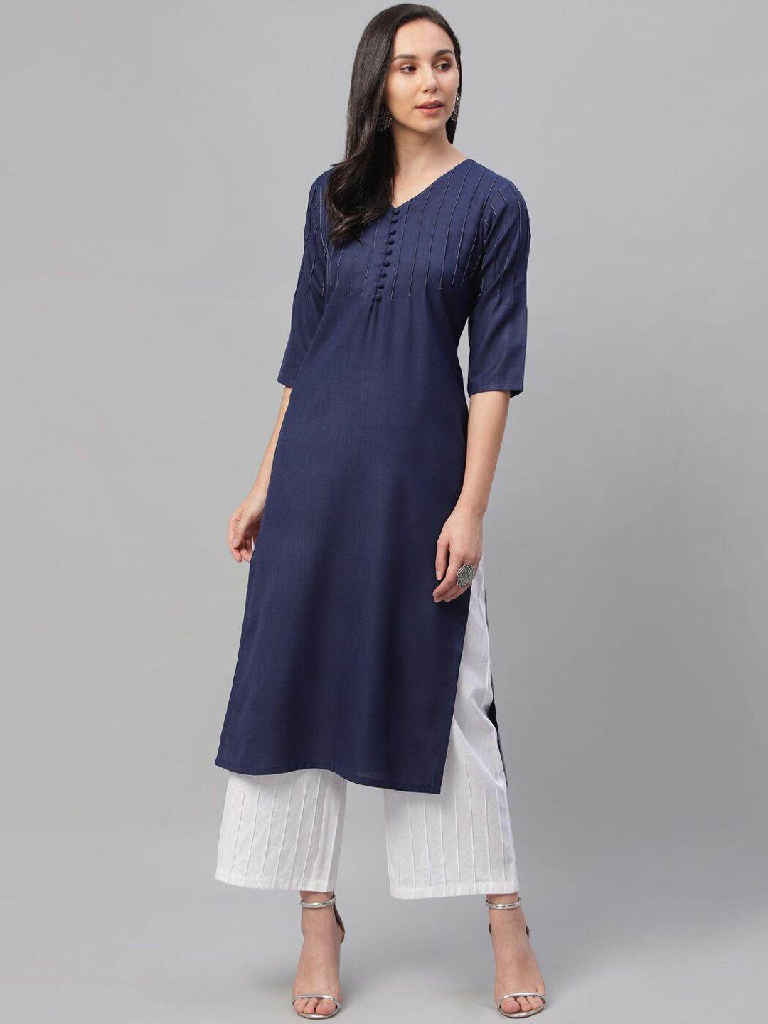 libas women navy blue solid straight kurta