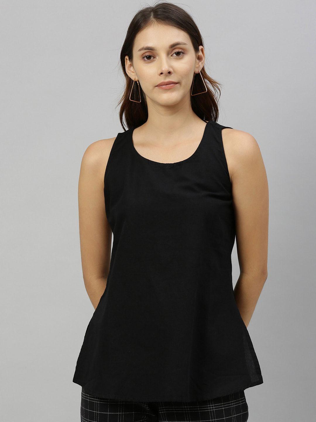 rareism women black solid tank pure cotton top