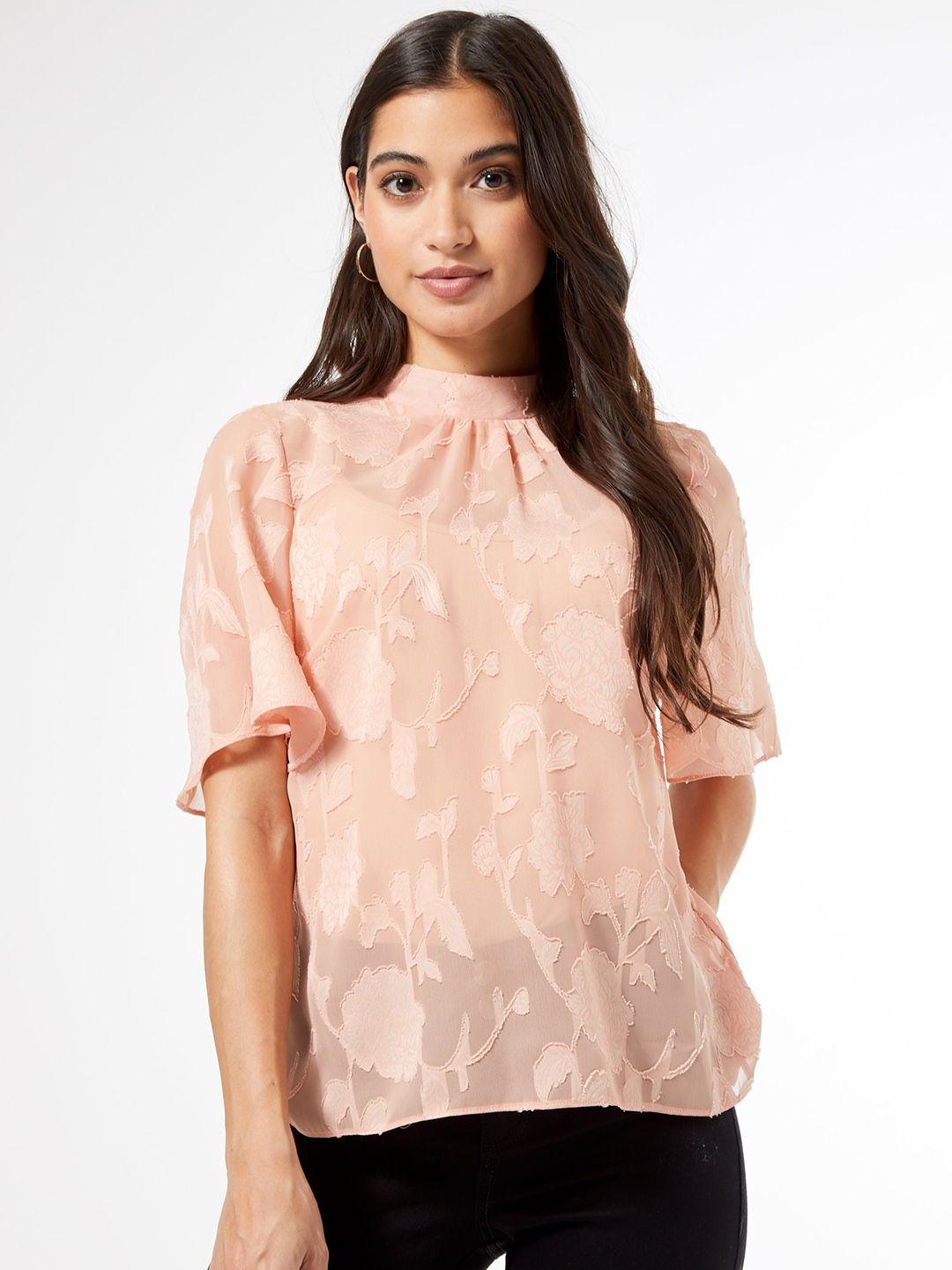 dorothy perkins women peach-coloured petite self design styled back top