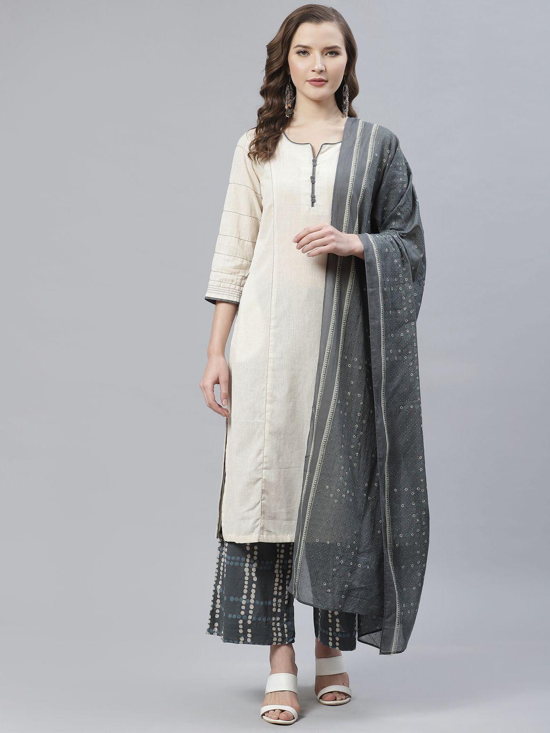 biba women off-white & charcoal grey solid kurta with palazzos & dupatta