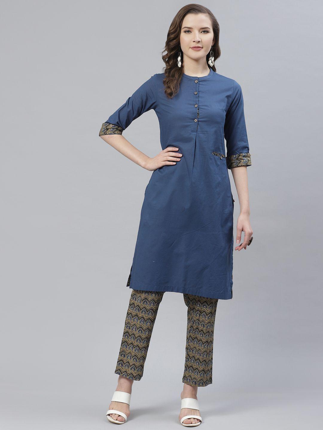 biba women navy blue & olive green solid kurta with trousers