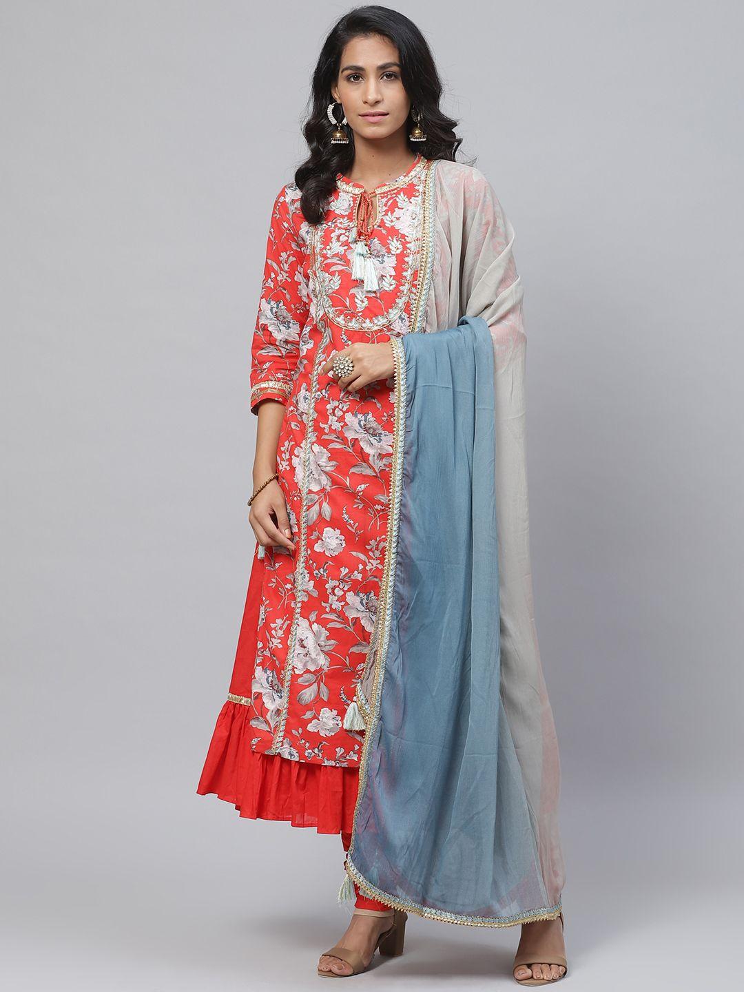 biba women red & grey floral printed kurta with churidar & dupatta