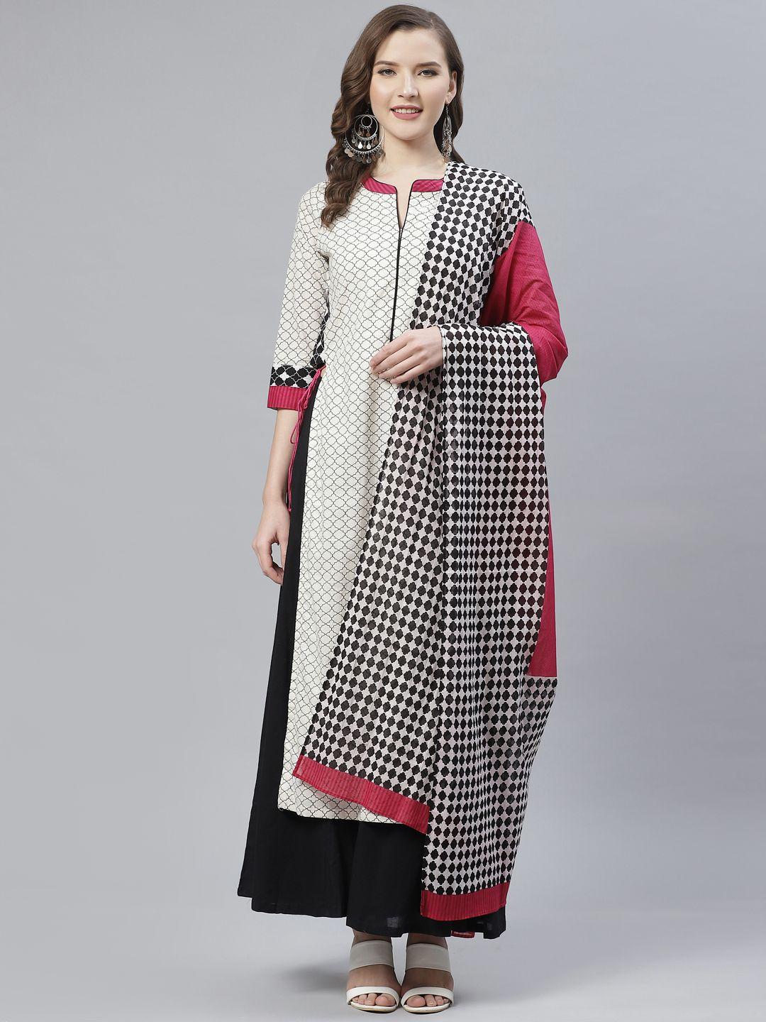 biba women off-white & black printed kurta with palazzos & dupatta