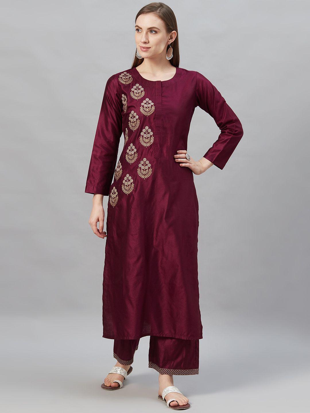 indo era women burgundy & golden zari embroidered kurta with palazzos