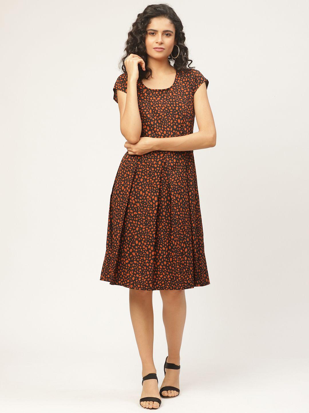 wisstler women black & rust orange printed a-line dress