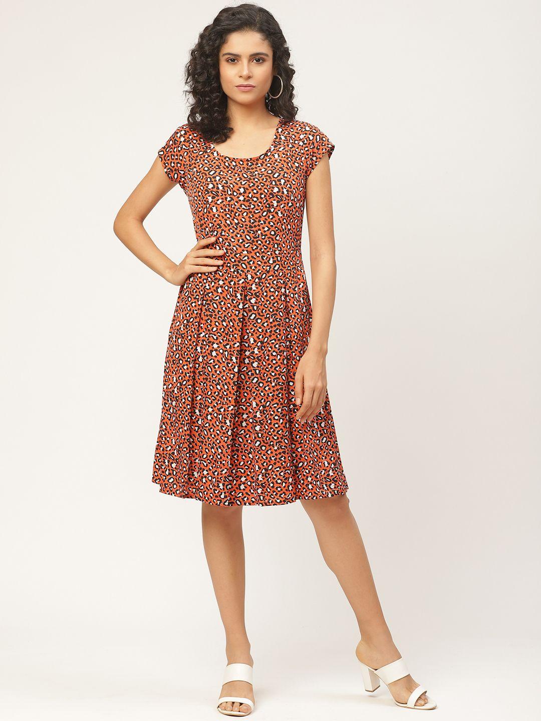 wisstler women orange & black printed a-line dress