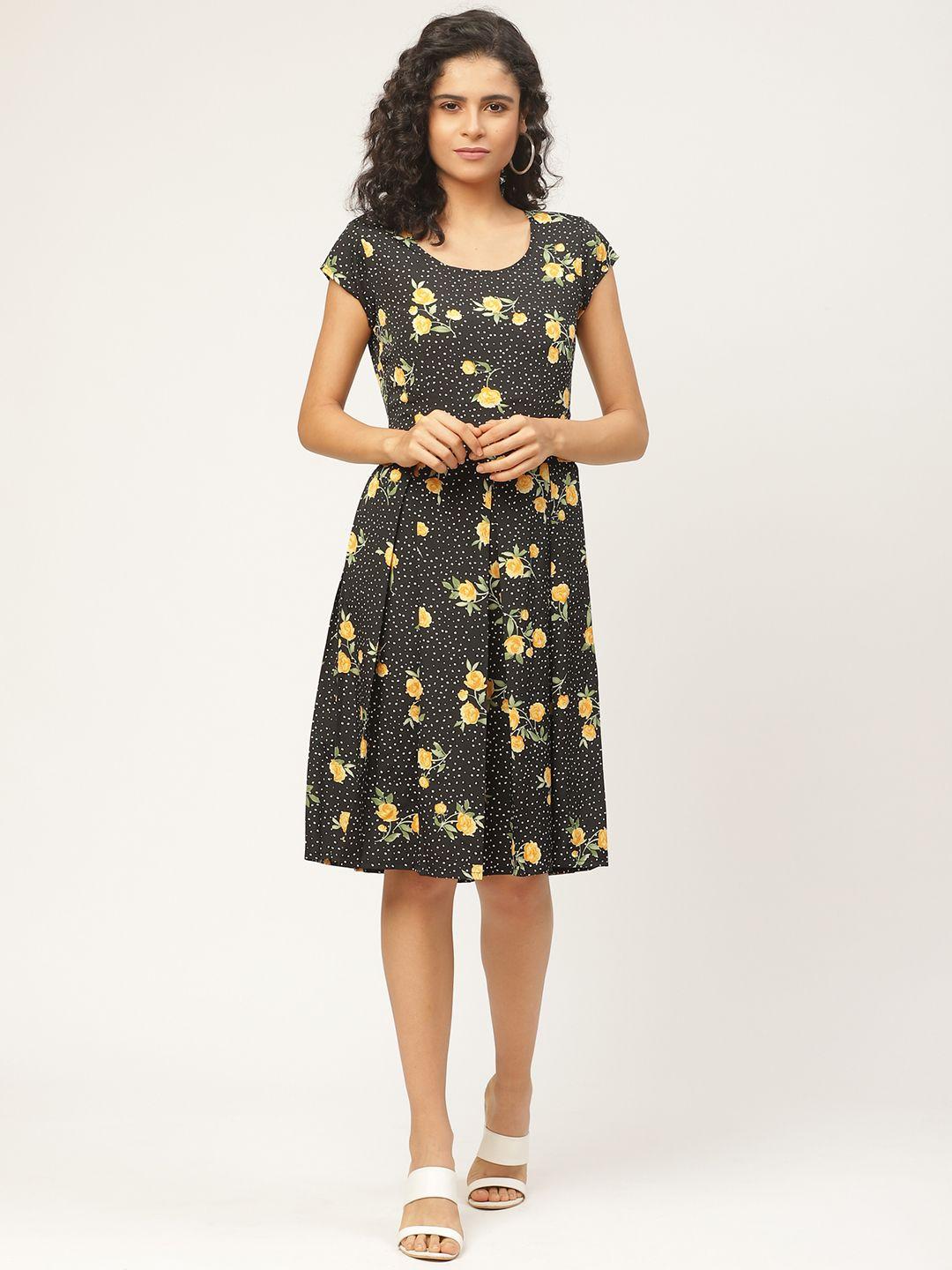 wisstler women black & yellow floral printed a-line dress