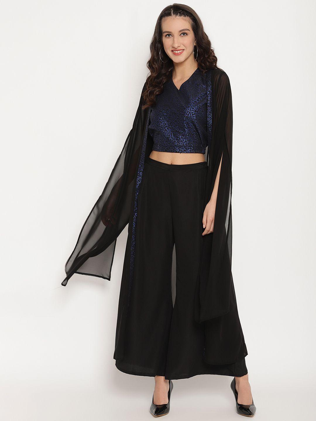 ahalyaa women black & blue printed crop top with palazzos & jacket