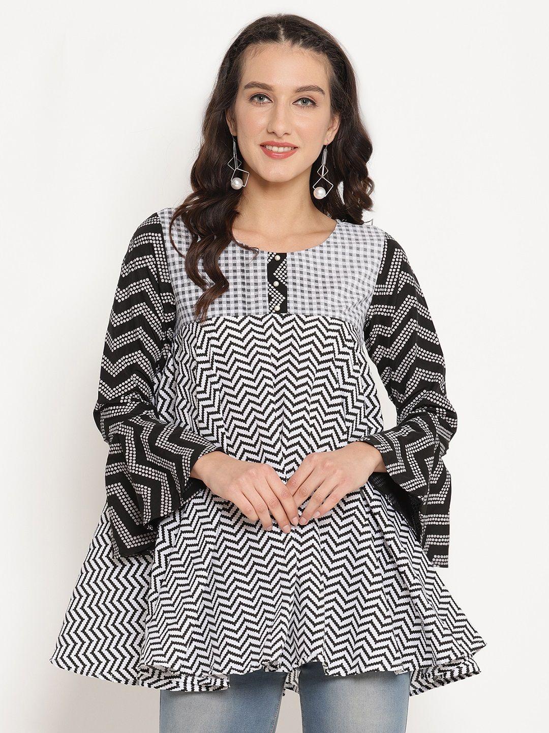 ahalyaa women black & white chevron print tunic