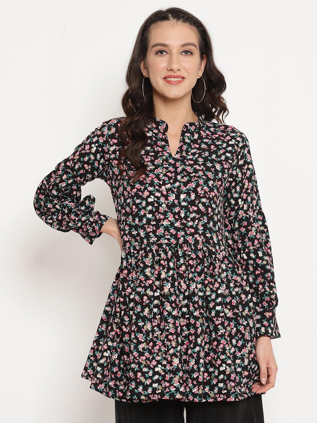 ahalyaa women black & pink floral print tunic