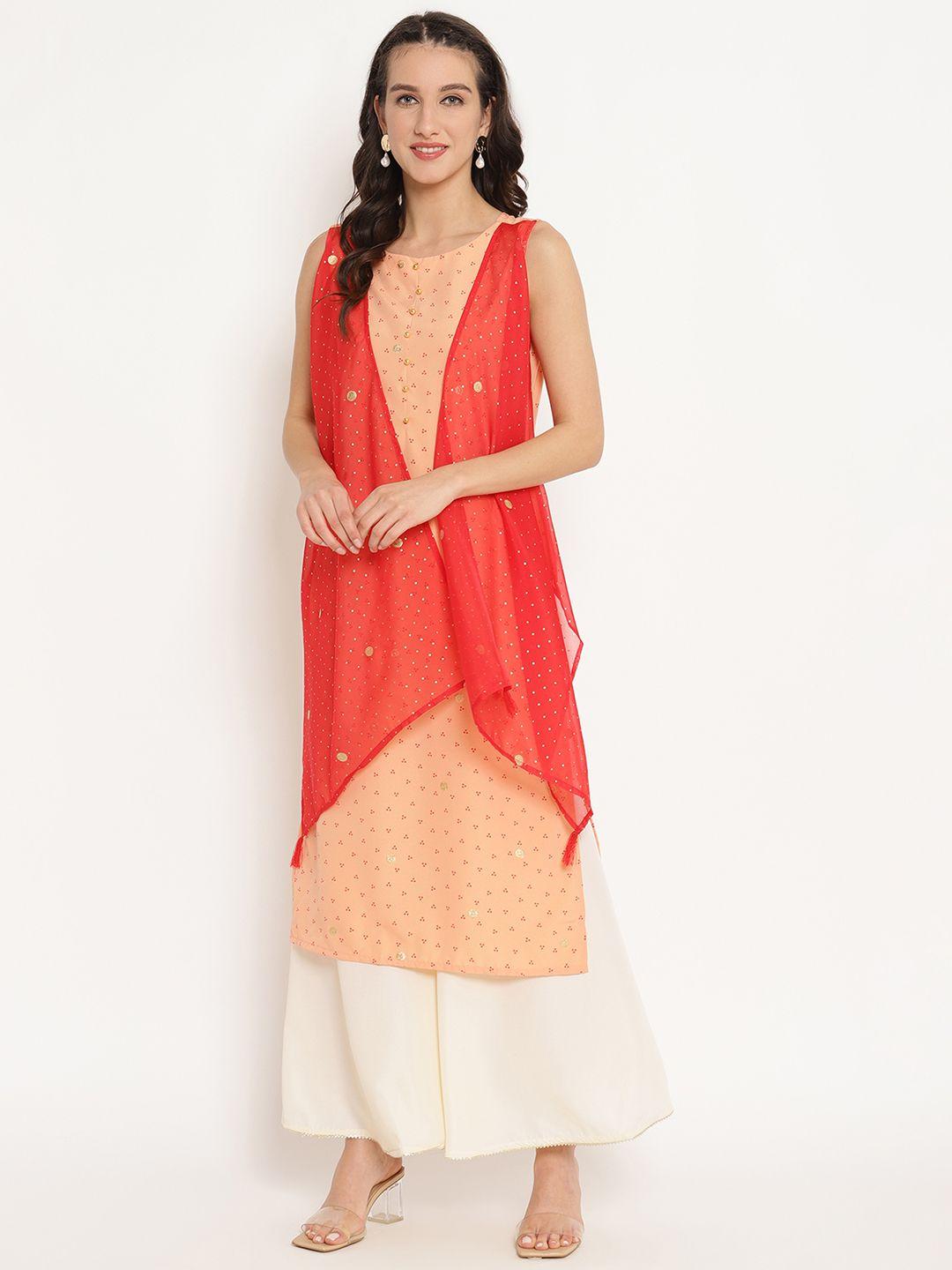 ahalyaa women peach-coloured & red bandhani print straight kurta with shrug