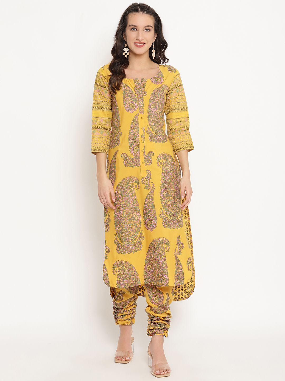 ahalyaa women mustard yellow & pink paisley print kurta with churidar