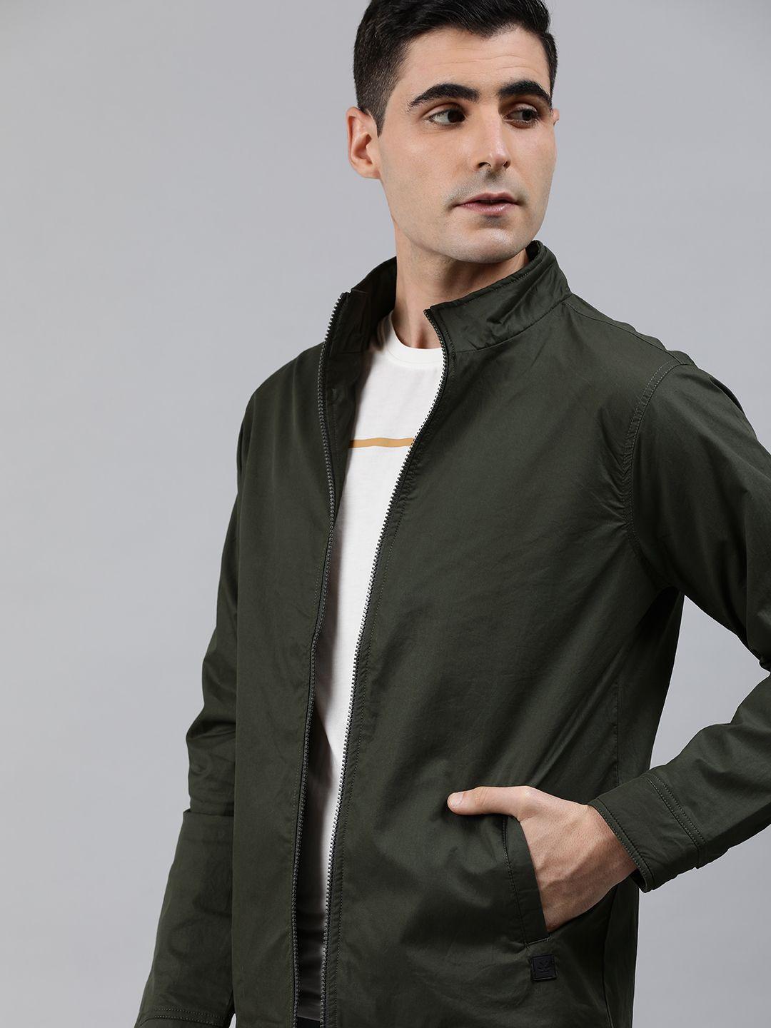 wrogn men olive green solid open front jacket