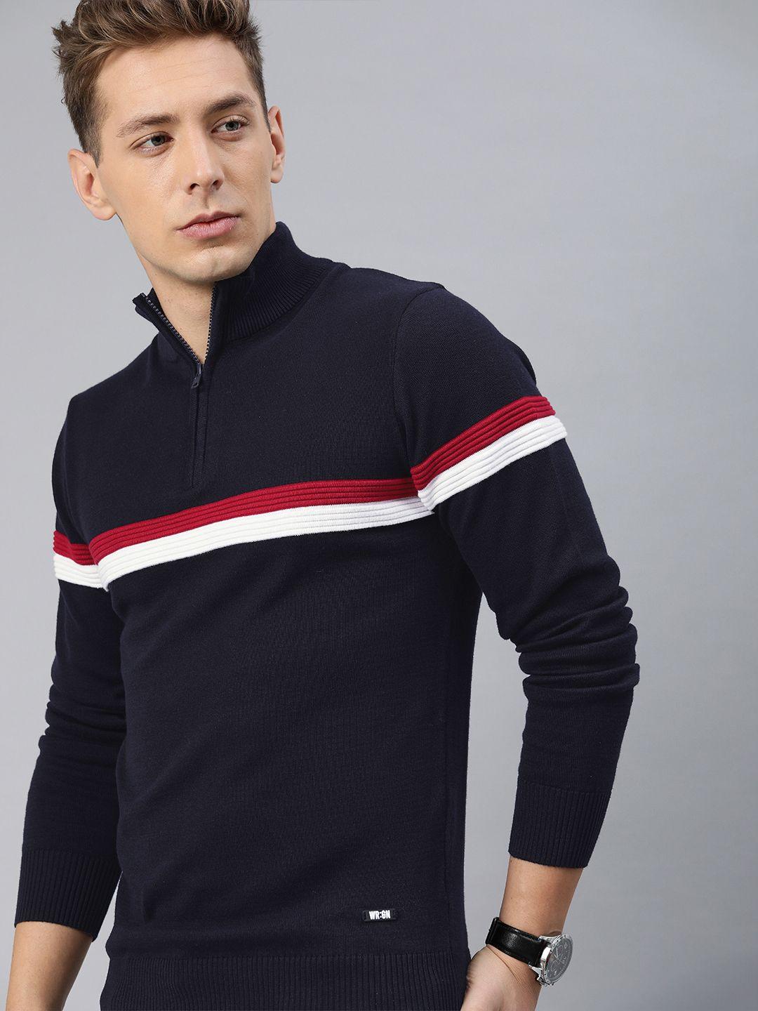 wrogn men navy blue & red slim fit striped pullover sweater