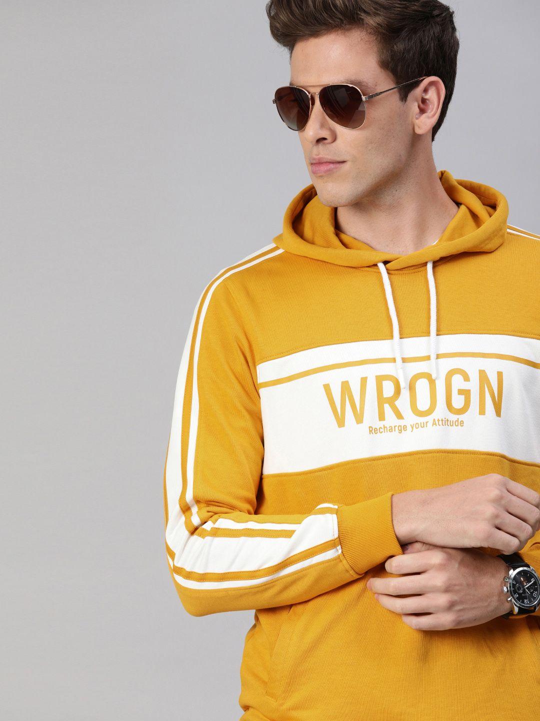 wrogn men mustard yellow & white slim fit printed hooded sweatshirt