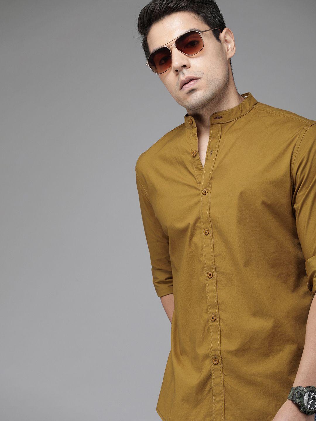 roadster men mustard regular fit solid casual sustainable shirt