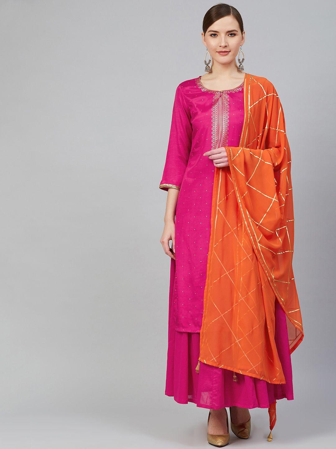 rangriti women pink & golden printed kurta with skirt & dupatta