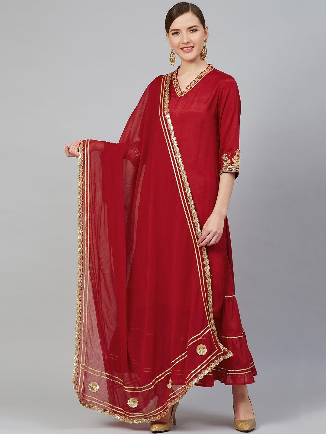 rangriti women red & golden yoke design kurta with sharara & dupatta