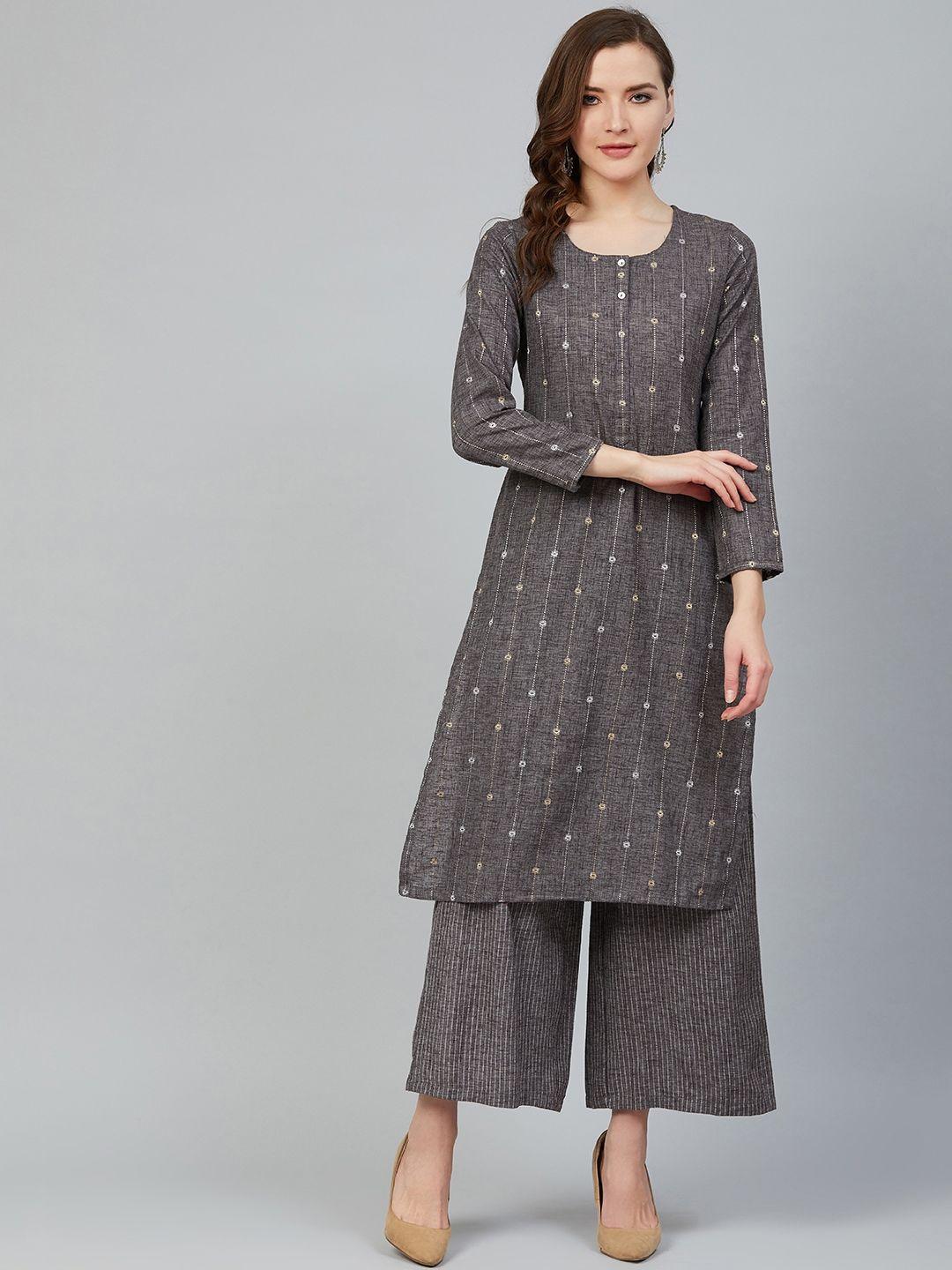 rangriti women charcoal & white ikat kurta with palazzos