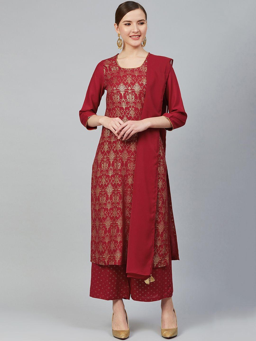 rangriti women maroon & golden printed kurta with palazzos & dupatta