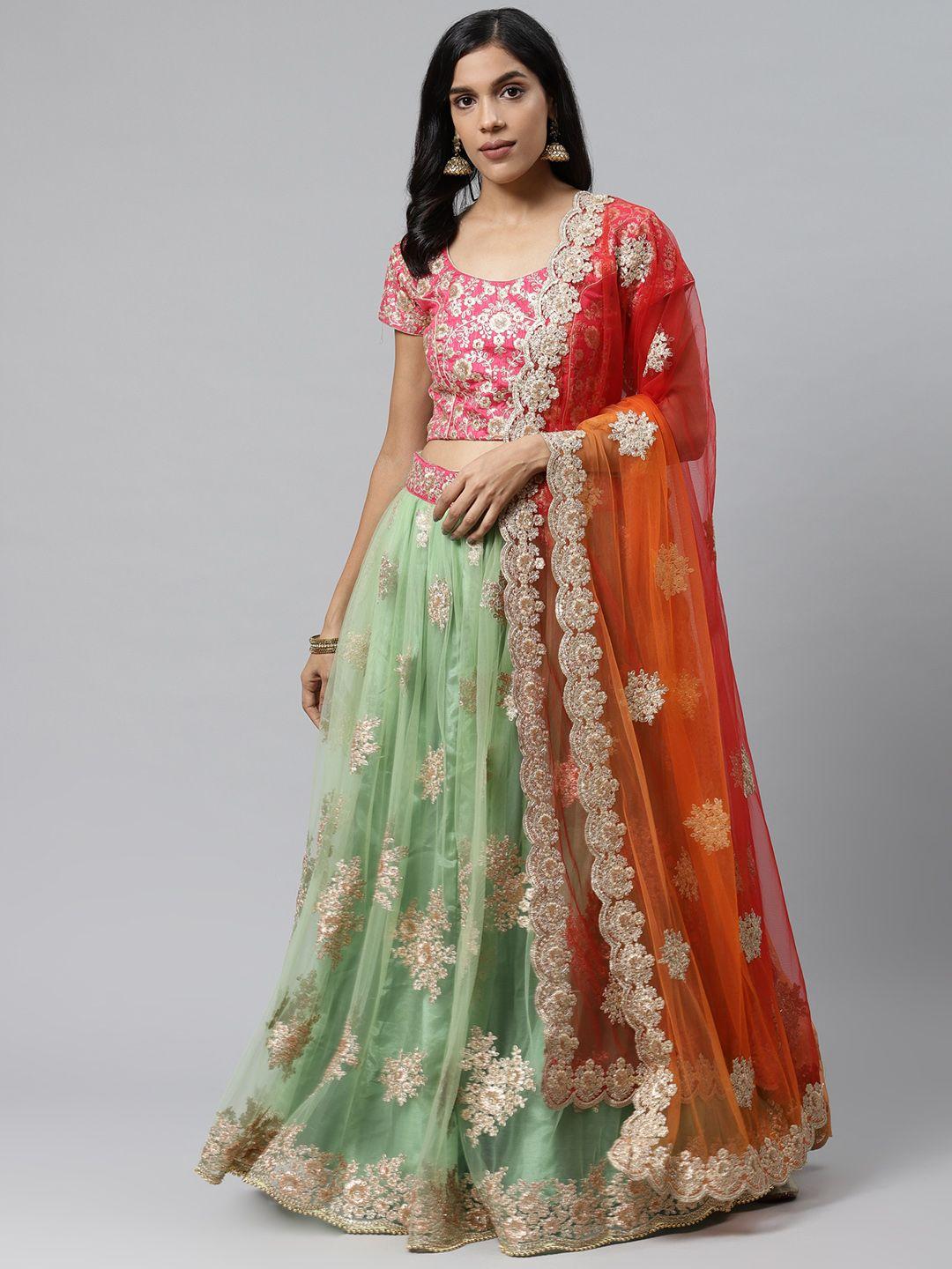 readiprint fashions green & pink embroidered semi-stitched lehenga & unstitched blouse with dupatta