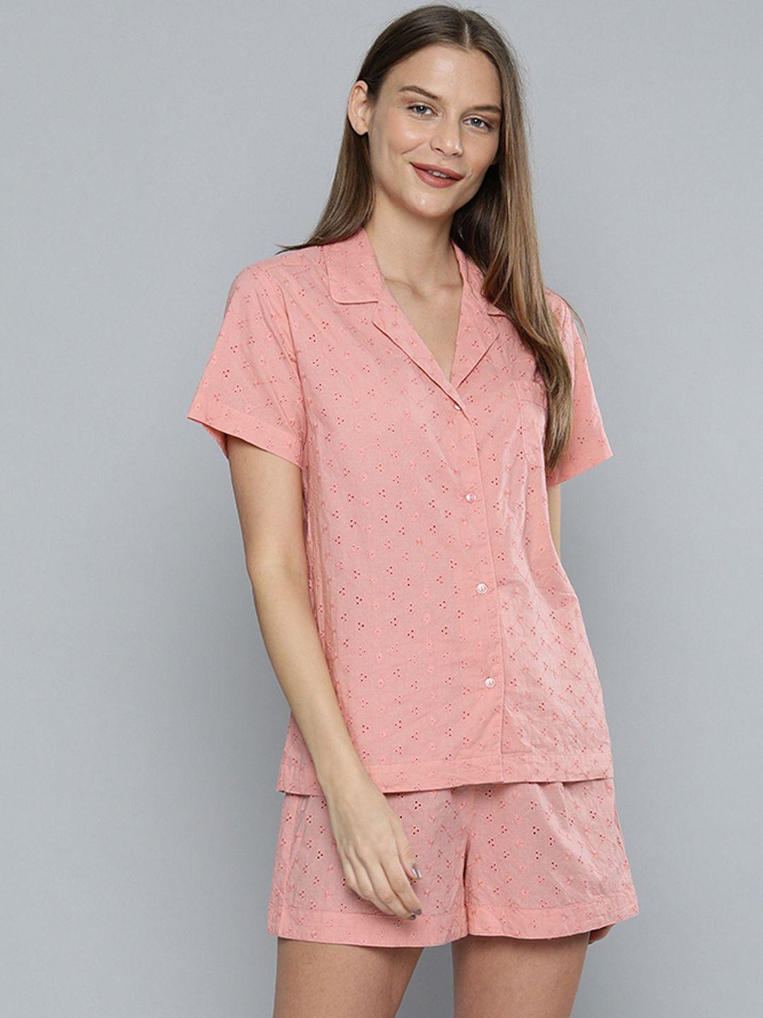 chemistry women pink schiffli detailed night suit